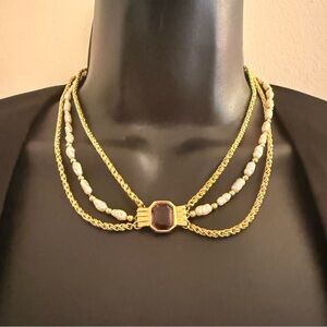 Vintage Napier Faux Gold and Pearl Necklace with Gem Accent